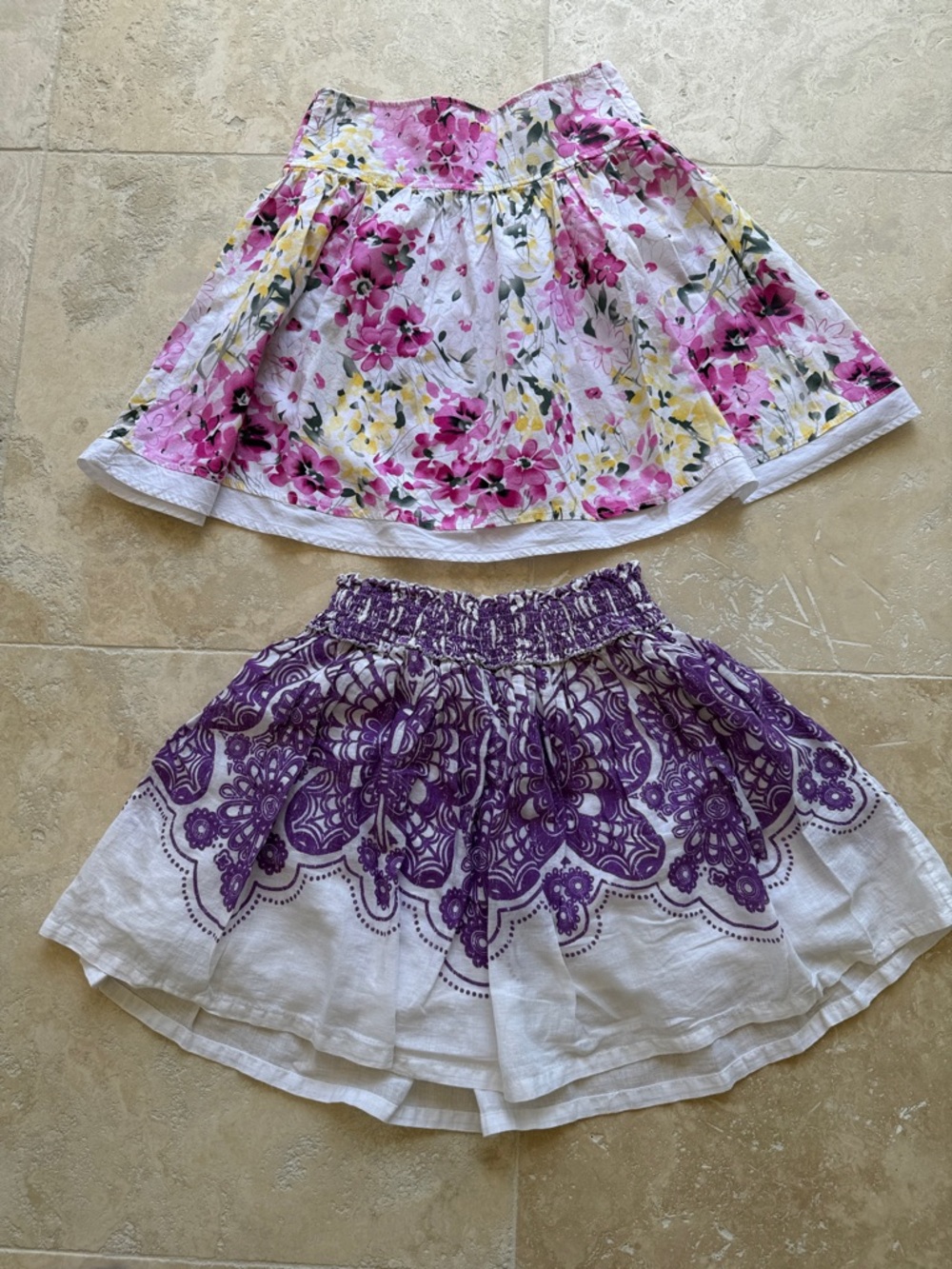 Pink Yellow Black White Floral Skirt & White Skirt with Purple Print